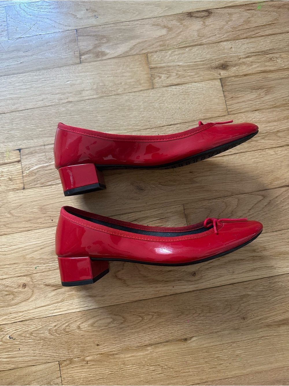 Repetto Red Patent Ballet Flats with Low Block Heel and Bow
